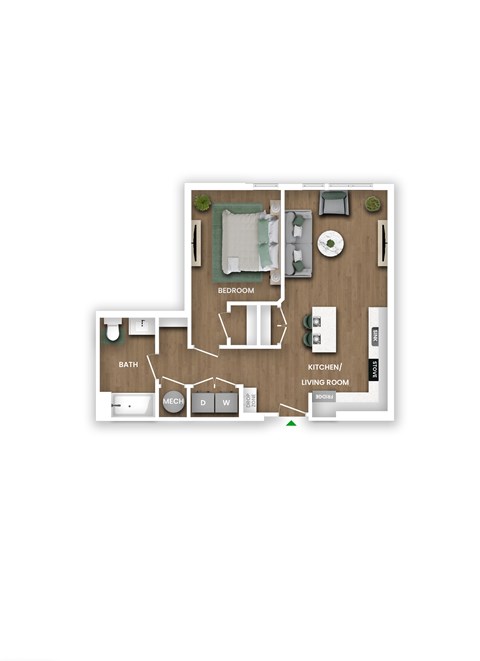 Floor plan for 1 bed, 1 bath, 731 sqft